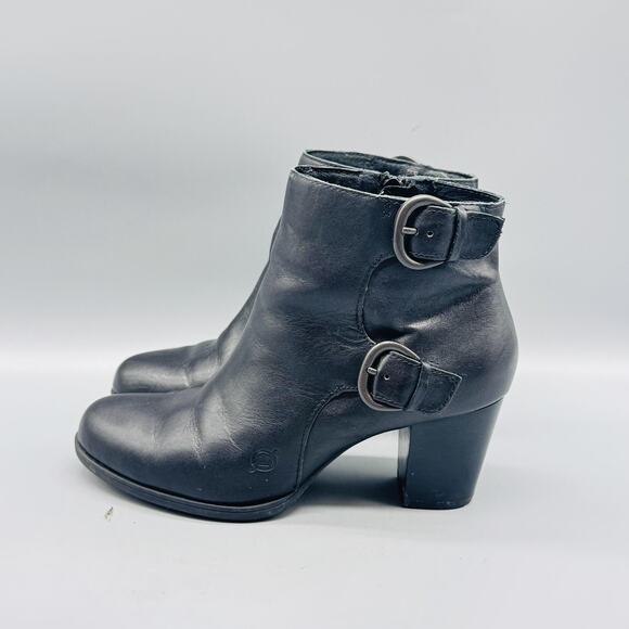 Born Boots Women 7.5 Black Leather Ankle Bootie Buckle Strap Side Zip Block Heel - Picture 5 of 12